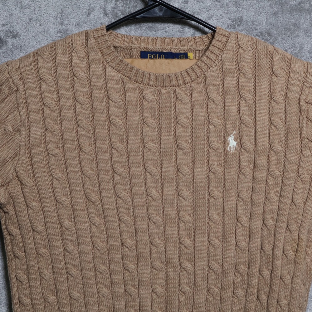 Polo Ralph Lauren Sweater Womens Large Beige Tan Cable Knit Cotton Preppy Casual - Picture 2 of 8